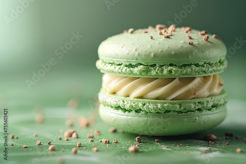 Pistachio-colored macaroon on a pistachio background with soft green decoration.