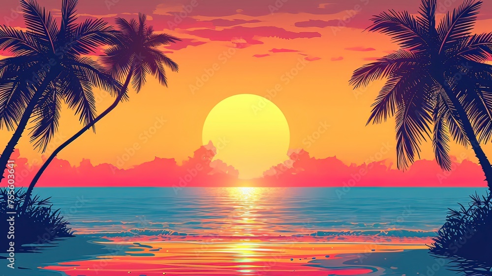 Tropical beach sunset vector illustration for printing on a t-shirt. Generative ai.