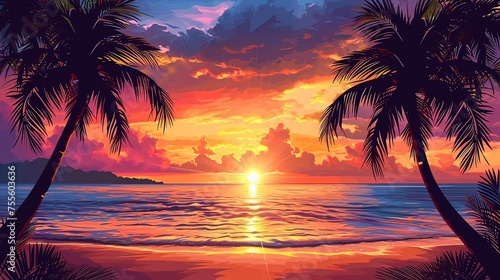 Tropical beach sunset vector illustration for printing on a t-shirt. Generative ai.