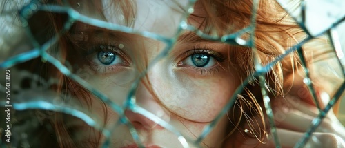 Girl in a broken mirror. Young woman in the reflection of a broken mirror