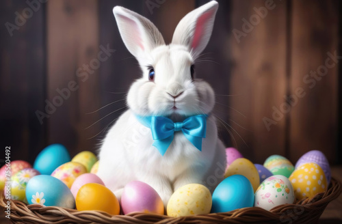 Easter bunny with colorful eggs on wooden background. Happy Easter background