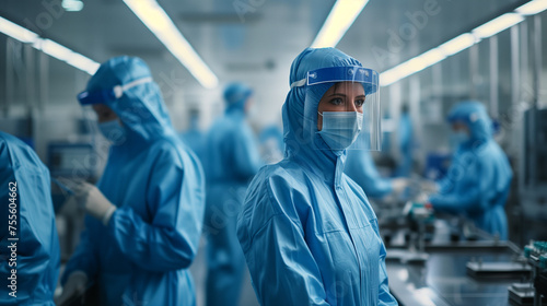 microelectronic engineers wearing blue protective suits while working. Engaged in the intricate process of semiconductor manufacturing, they demonstrate expertise within a cleanroom environment.