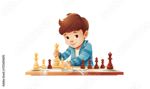 Kid playing chess set vector isolated