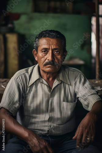 Senior gentleman worker with mustache looking at camera posing in a vertical portrait. Concept of traditional Mexican culture and lifestyle.