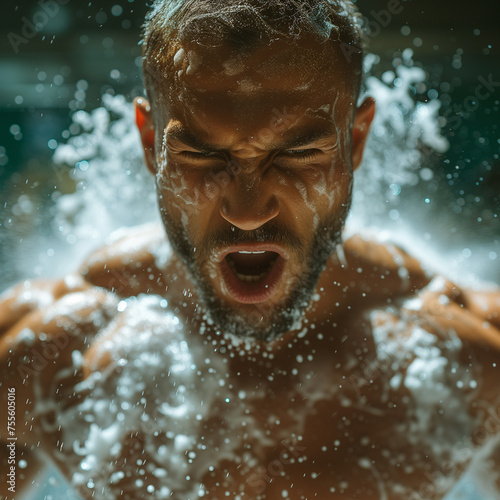 A man is depicted going crazy, screaming amidst clouds of white powder impact, portraying a scene of chaos and distress as he grapples with overwhelming emotions and turmoil