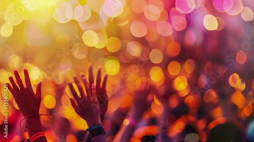 People with hands in the air at a concert; colorful background