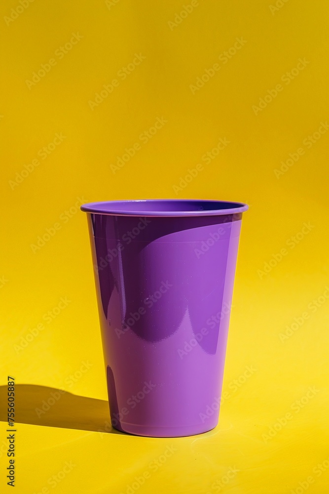 A bold purple beverage cup on a sunny yellow background A bold purple beverage cup on a sunny yellow background