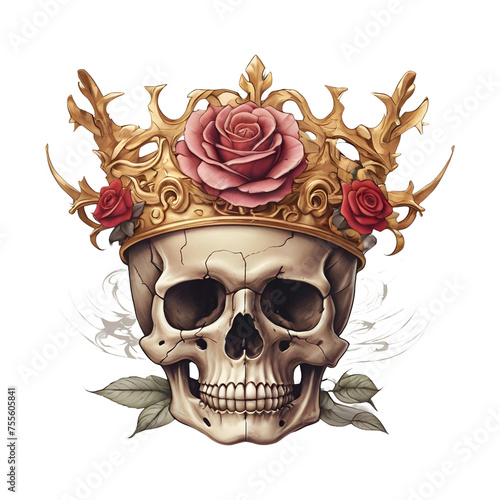 Illustration of skull with crown on transparent background