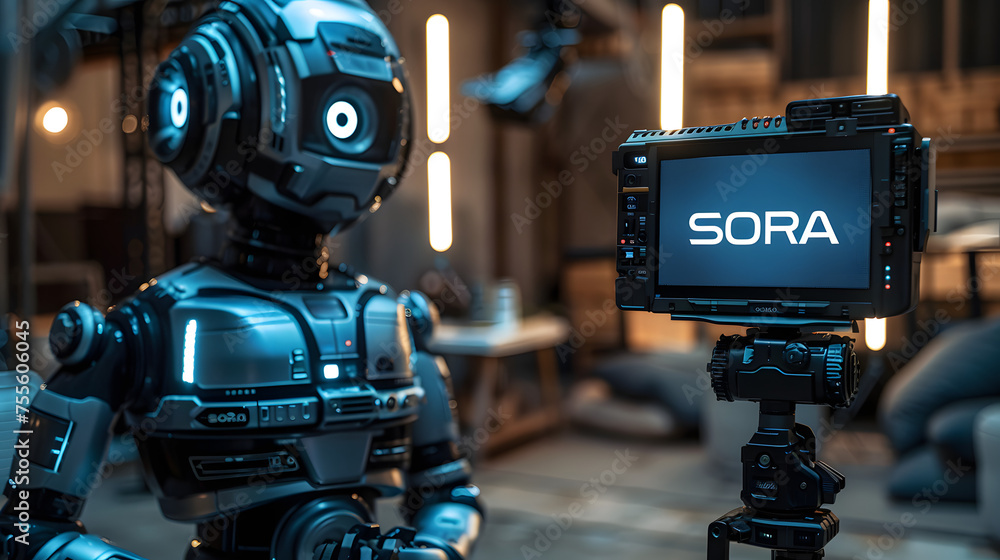 Advanced Humanoid Robot Filmmaker Demonstrating Sora Text-to-Video AI Model in a High-Tech Videography Studio Setting with Camera Equipment 