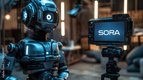 Advanced Humanoid Robot Filmmaker Demonstrating Sora Text-to-Video AI Model in a High-Tech Videography Studio Setting with Camera Equipment 