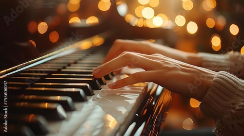 A serene female pianist is seen playing a melody on a synthesizer in a side shot with the background appearing fuzzy, Generative AI. photo