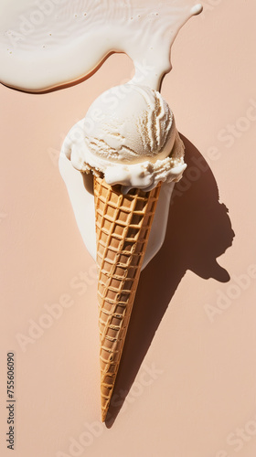 Aesthetically melting vanilla ice cream in a cone. Light pastel background. Trendy template. Generative AI
