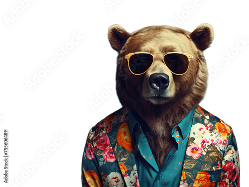 Cool bear in the sunglasses and suit on the transparent background