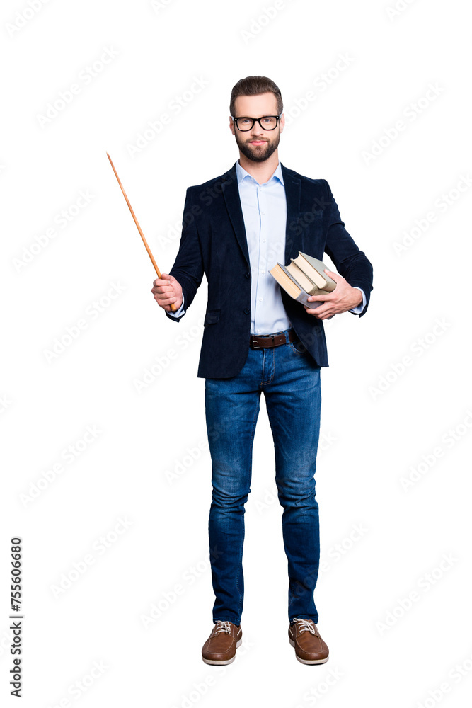 Full size fullbody portrait of clever smart teacher in shirt, jacket, jeans with stubble having three books and pointer in arms, looking at camera isolated on grey background Full size fullbody portrait of clever smart teacher in shirt, jacket, jeans with stubble having three books and pointer in arms, looking at camera isolated on grey background