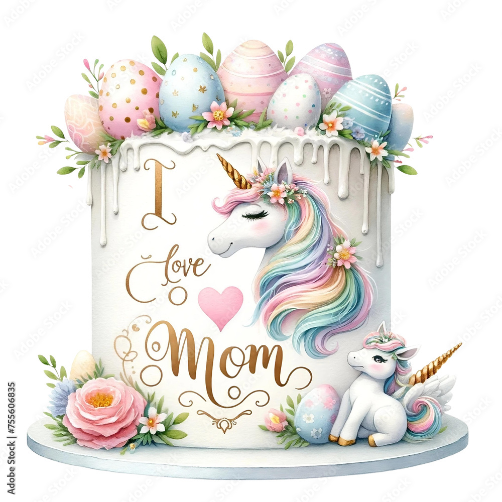 Fototapeta premium Mother's Day Unicorn Cake with Decorative Eggs 