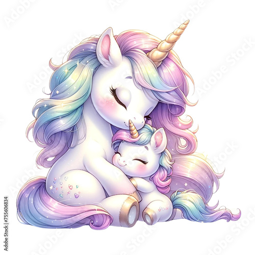 Sleeping Baby Unicorn with Loving Mother
