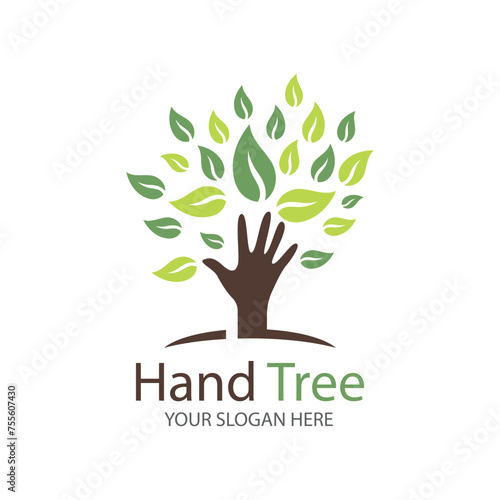 Human hands and tree with green leaves. Logo  symbol  icon  illustration  vector  template  design