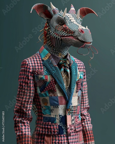 A chimera in a suit of mixed patterns representing diverse market strategies
