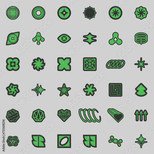 Retro futuristic elements for design. Big collection of abstract graphic geometric symbols and objects in y2k style. Templates for notes, posters, banners, stickers, business cards, logo.