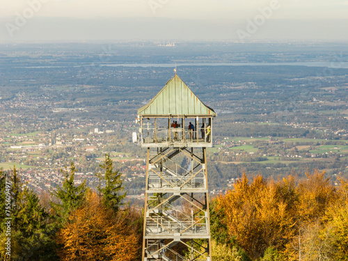Polish hill mountains beskidy. Autumn i beskid mountains. Wielka Czantoria and Mala Czantoria hill in Beskid Slaski mountains in Poland. Observation tower in the mountains during late autumn day. photo