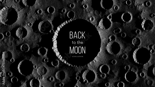 Moon surface in stippling style with shadows and craters. Close-up of huge lunar meteorite impact crater like circle banner. Pointillism. Dotwork. Noisy grainy shading using dots. Vector illustration