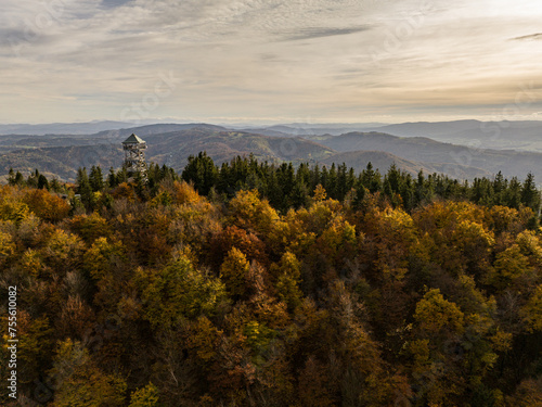 Polish hill mountains beskidy. Autumn i beskid mountains. Wielka Czantoria and Mala Czantoria hill in Beskid Slaski mountains in Poland. Observation tower in the mountains during late autumn day. photo