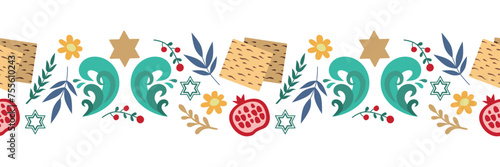 Passover seamless border with matzo, star of David, fruits and flowers. For backgrounds, cards, websites. Vector, isolated.