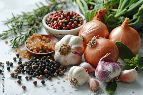 Cooking ingredients spices black pepper garlic onion and various spices on a white background