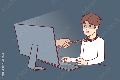 Boy suffering from addiction or hate from online friends sits at table with computer with rope around neck. Unfortunate child fell into trap of online moniker or pedophile who wants to kidnap teenager © drawlab19