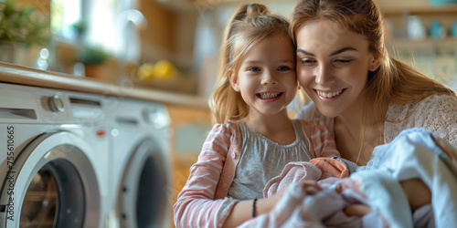 Frau sitzt neben der Waschmaschine und sortiert Kleidung, ein kleines Mädchen hält Kleidung in der Hand und grinst ihre Mutter an. photo