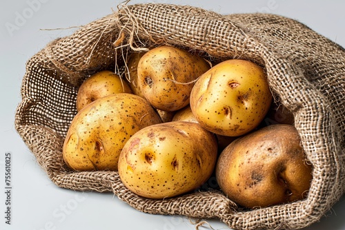 Natural organic fresh potatoes harvest in burlap sack on white background