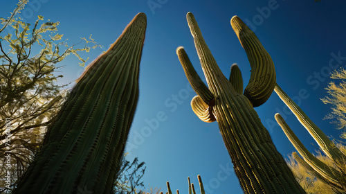 Close-up shot, cactus in a desert isolated, blue hour, bottom-up view, natural light, shadow play
