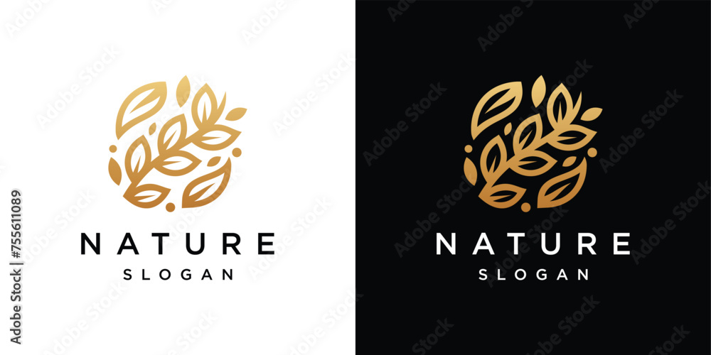 Gold leaf Logo Design Template. Line Art Vector leaf icon