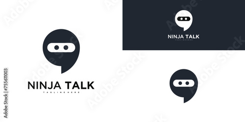 Combination of ninja head logo design and chat talk. Premium Vector