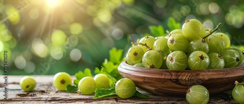 A wooden table with fresh Amla Indian gooseberry fruits in front of an Amla plant against a blurry backdrop with space for text  Generative AI.