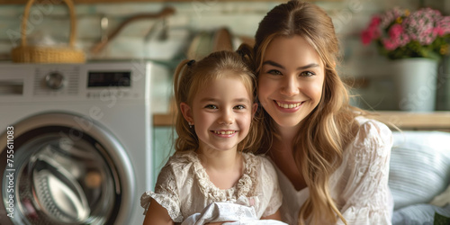 Frau sitzt neben der Waschmaschine und sortiert Kleidung, ein kleines Mädchen hält Kleidung in der Hand und grinst ihre Mutter an. photo