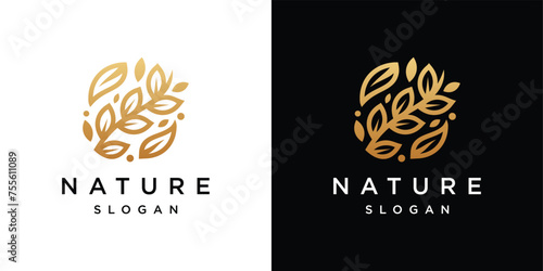 Gold leaf Logo Design Template. Line Art Vector leaf icon