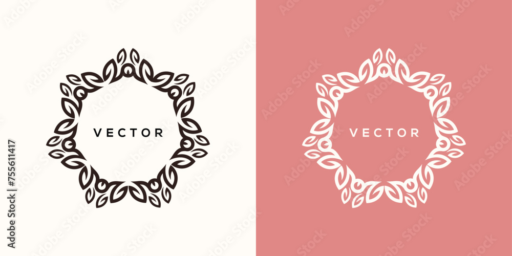 copy space Vector nature logo design template and monogram concept in linear style. flower and leaf frame with copy space for text or letterstext, flowers and leaves vector	