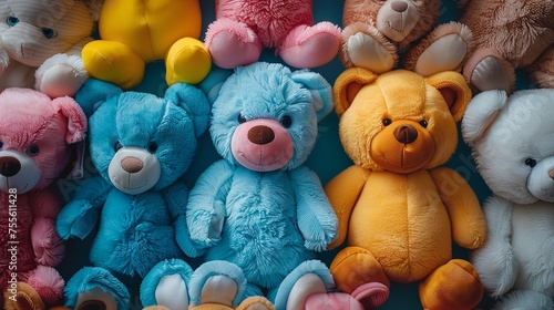 Above view of children's plush small teddy bears with clever decorations on the ground against a blue background with top view, Generative AI.