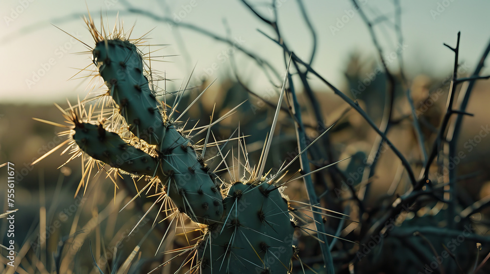 Close-up shot, cactus in a desert isolated, golden hour, bottom-up view, natural light, shadow play