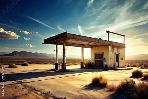 Abandoned Gas Station in Desert Landscape at Sunset photo