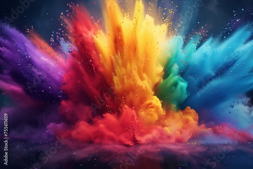 A vibrant burst of rainbow colors fans out in an explosive pattern  resembling a nocturnal firework display.