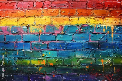 A brick wall with a bright, rainbow-colored paint job, showing an array of vivid hues in a textured finish.