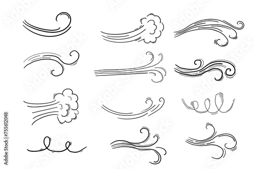 Wind motion doodle line swirl hand drawn steam weather blow isolated on white background. Atmosphere action element.
