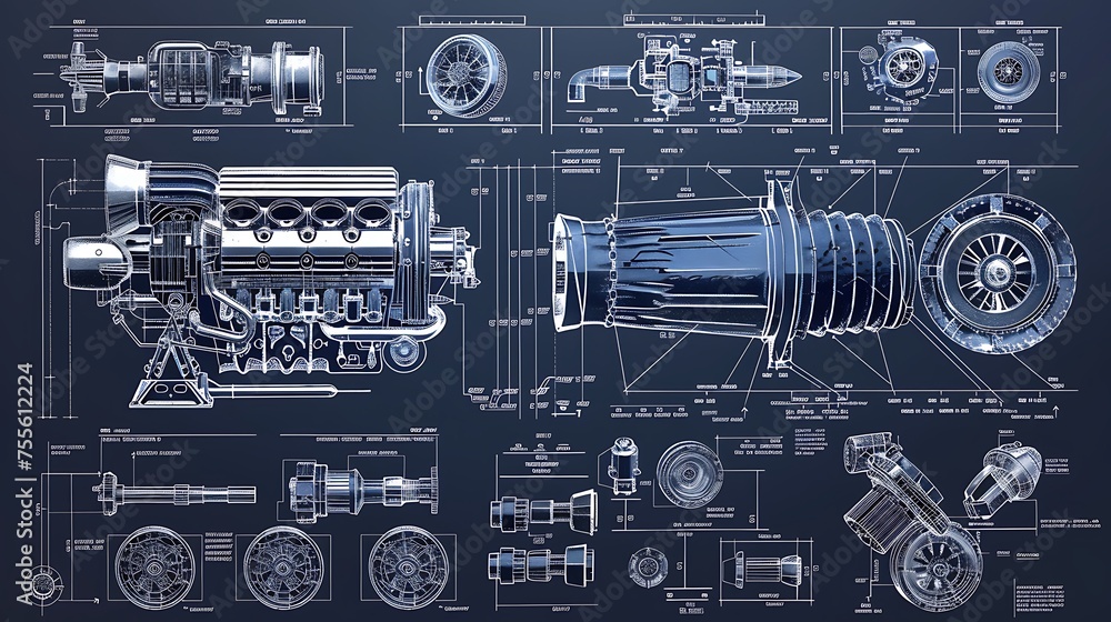 Blueprint of turbo engine machinery in blue with detailed another machine AI Image Generative - obrazy, fototapety, plakaty 