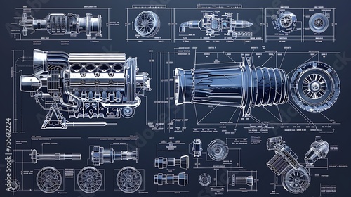 Blueprint of turbo engine machinery in blue with detailed another machine AI Image Generative photo