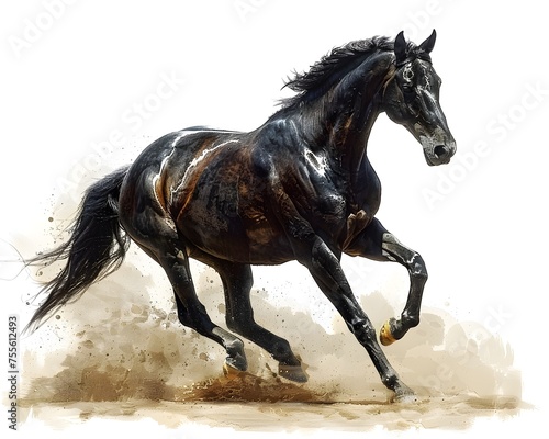 Regal Black Horse Galloping in Desert Illustration with Watercolor Style and High Detail
