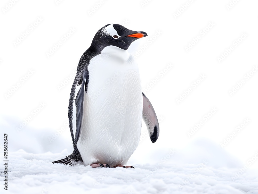 Fototapeta premium Pensive Penguin Wandering in Cold Climate on Pristine White Background
