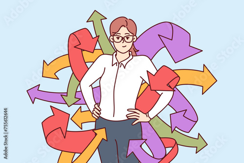 Successful business woman with arrows symbolizing many social connections or ability to multitask. Successful girl manager in formal wear, showing confidence due to having diversified skills