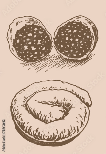 Vector sausages on sepia  background, butchery products.	